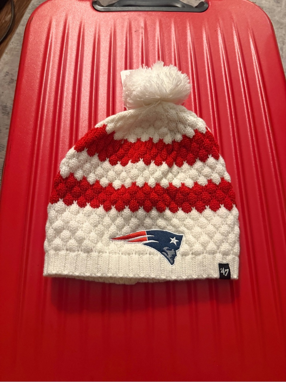 NFL New England Patriots Red and White Pom Beanie